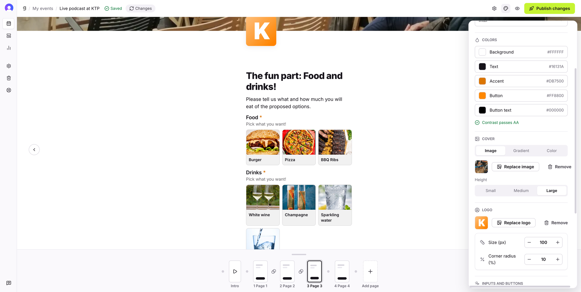 Gatherflare editor with the food and drinks page of an invite open and the style panel beside it