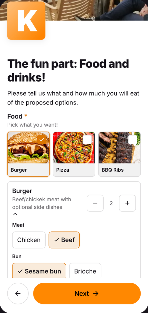 Gatherflare guest app: picking food and burger options on a phone